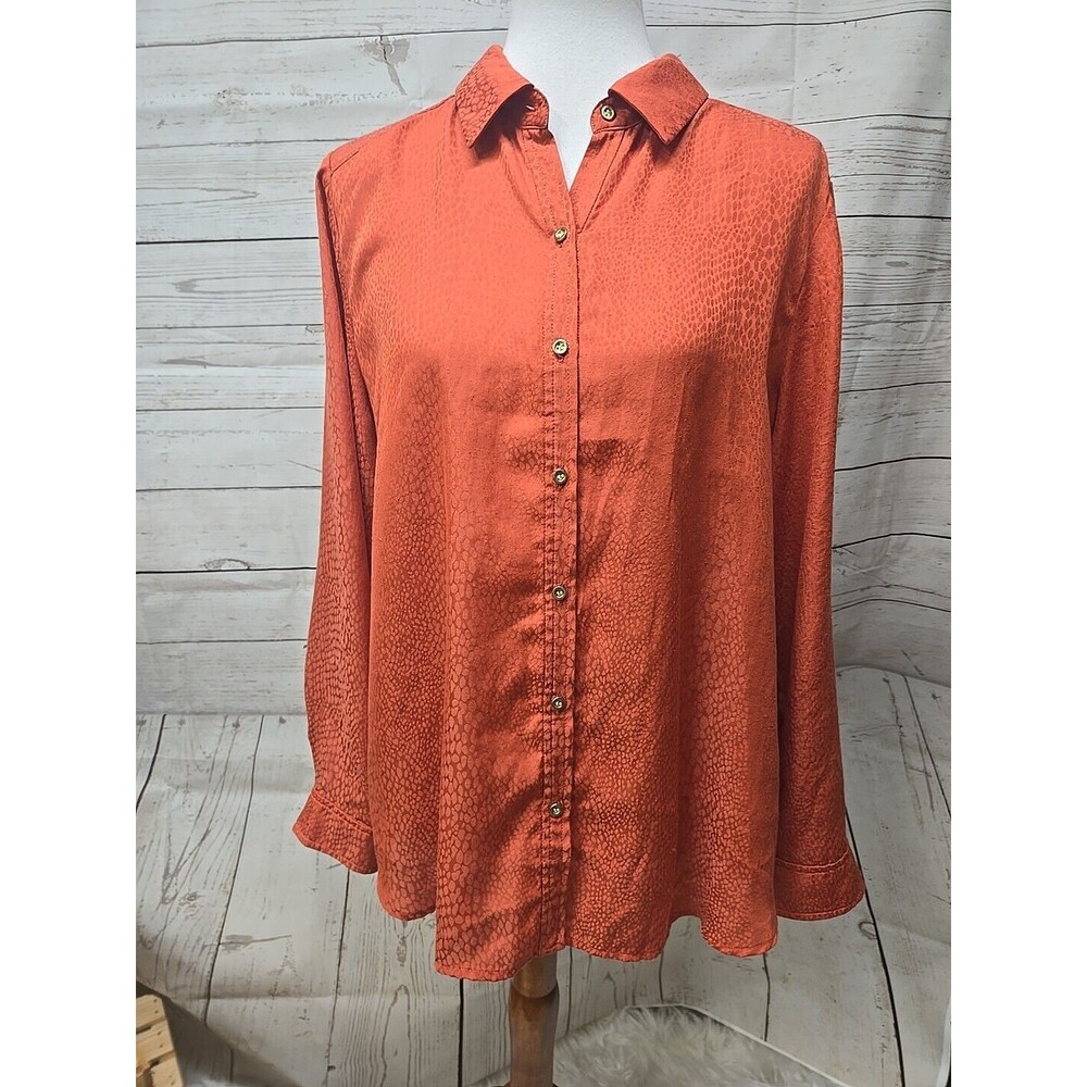 Chico's Women Polyester Button Up Shirt‎ 2 (L) Orange Long Sleeve Animal Print